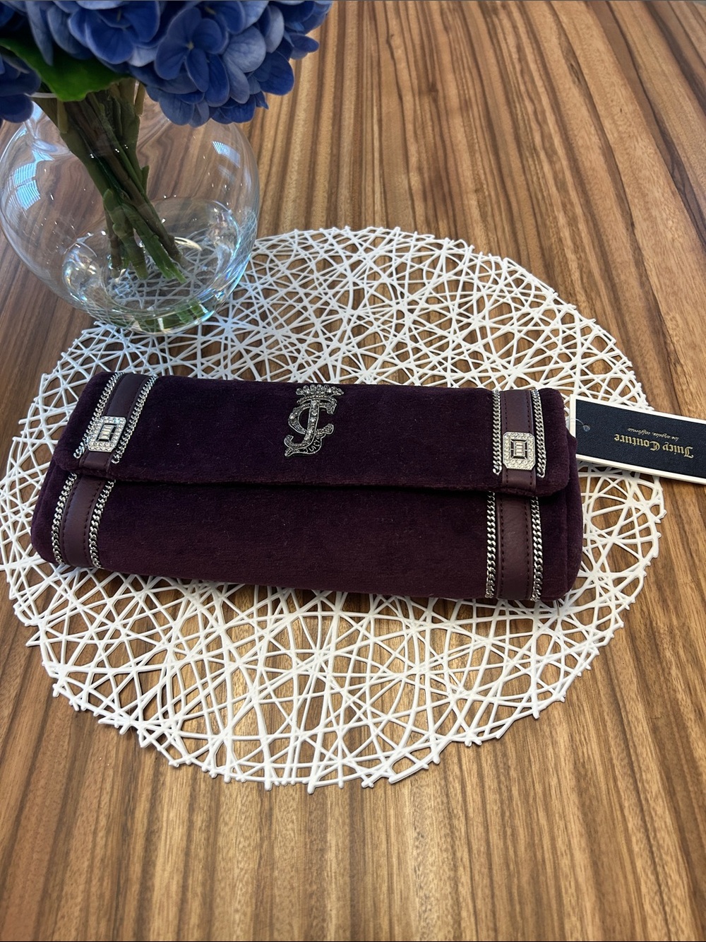 Juicy Couture Plum Suede Fold-Over Clutch with Silver Trim